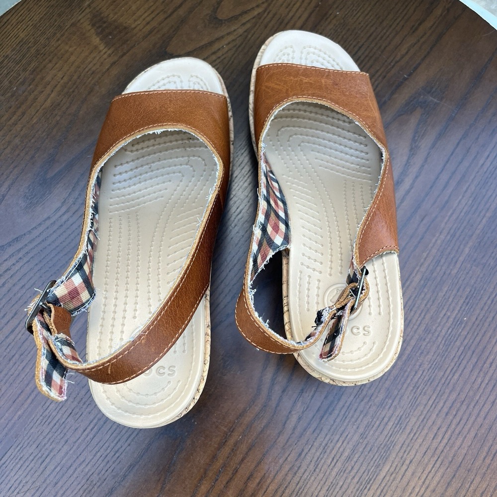 Crocs A Leigh Sandals Women's Size 8 Tan Brown Leather Cork Platform Wedge Shoes - Picture 8 of 16